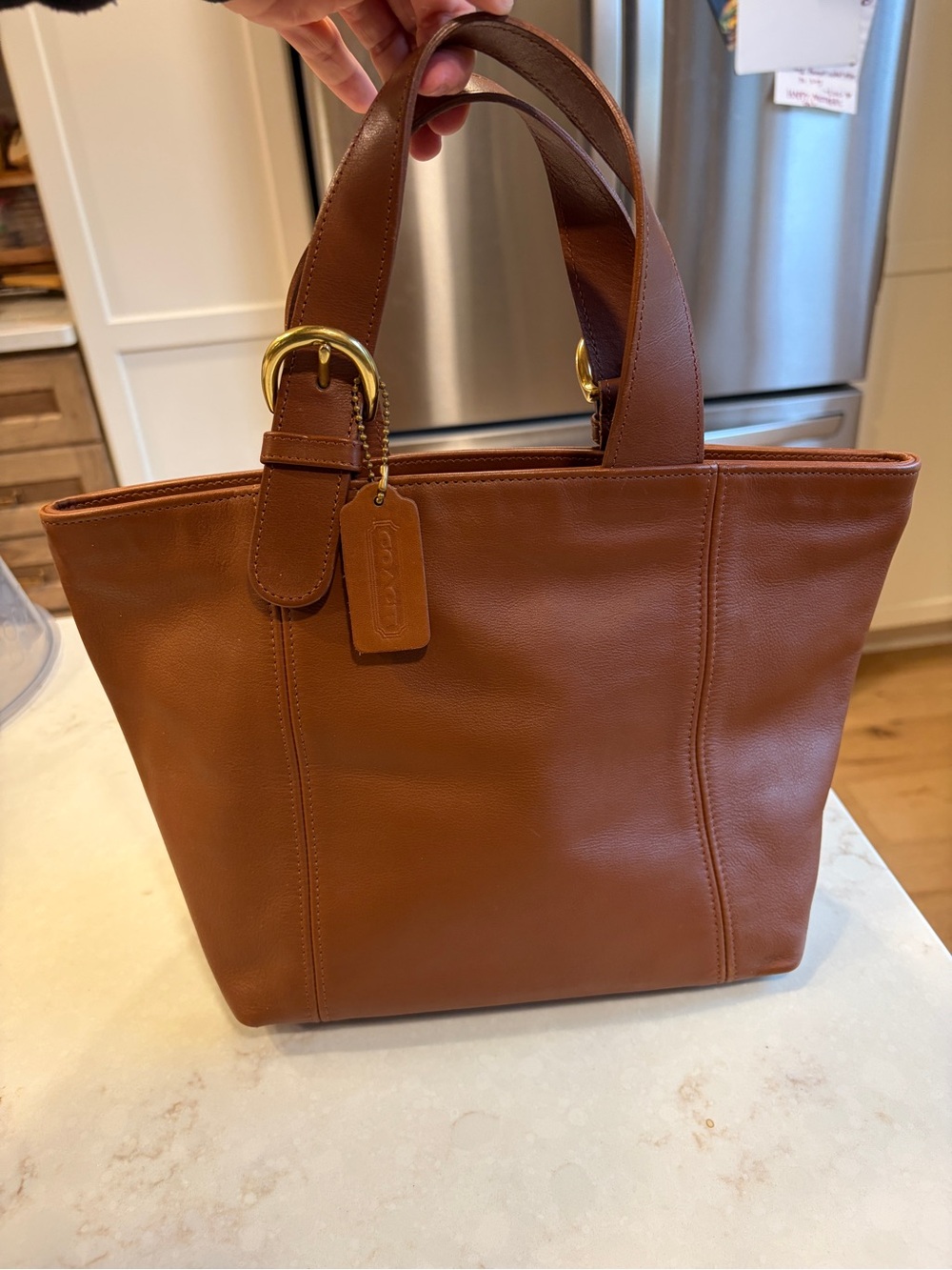 Vintage Coach Brown Glove-Tanned Leather Tote Bag Brass Buckles 1980s